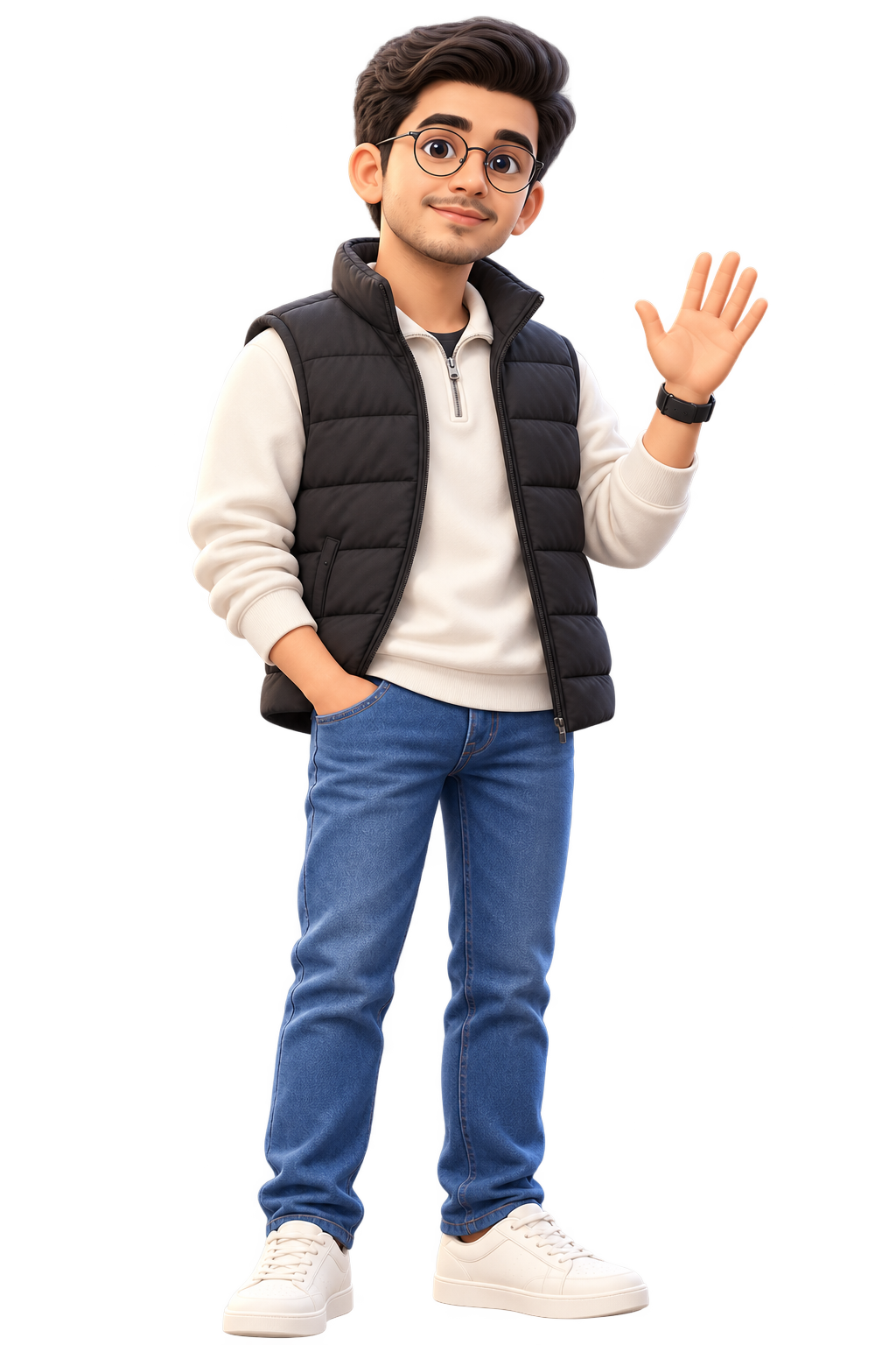 A 3D illustration of Kasra wearing glasses and a black vest, waving hello.